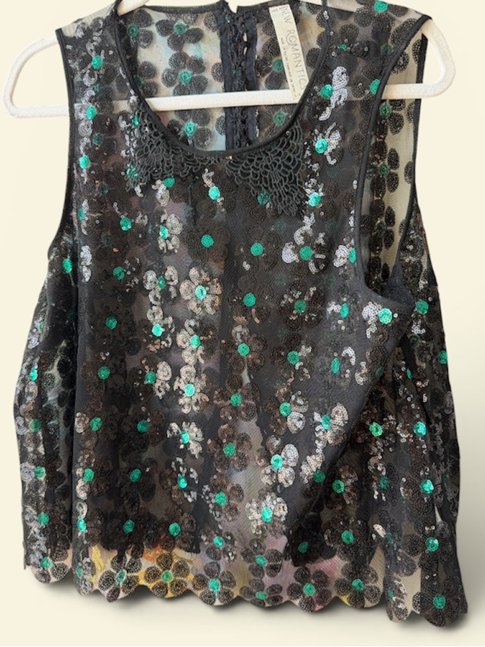 Free People Vintage Romantic Lace Collar Sequin Tank Black with Green Accents